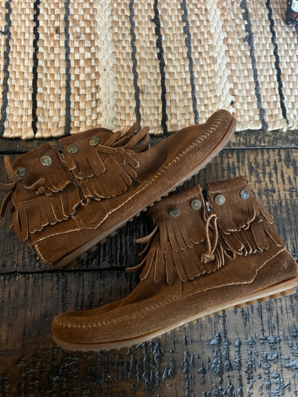 Women's Brown Suede Minnetonka Fringe Ankle Boots - Picture 2 of 5
